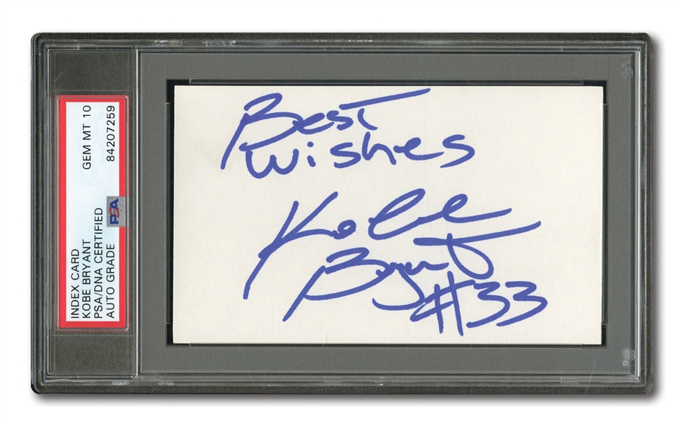 C. 1995-96 KOBE BRYANT AUTOGRAPHED 3x5 INDEX CARD INSCRIBED "BEST WISHES #33" - SIGNED WHILE AT LOWER MERION H.S. (PSA/DNA GEM MINT 10 AUTO.)